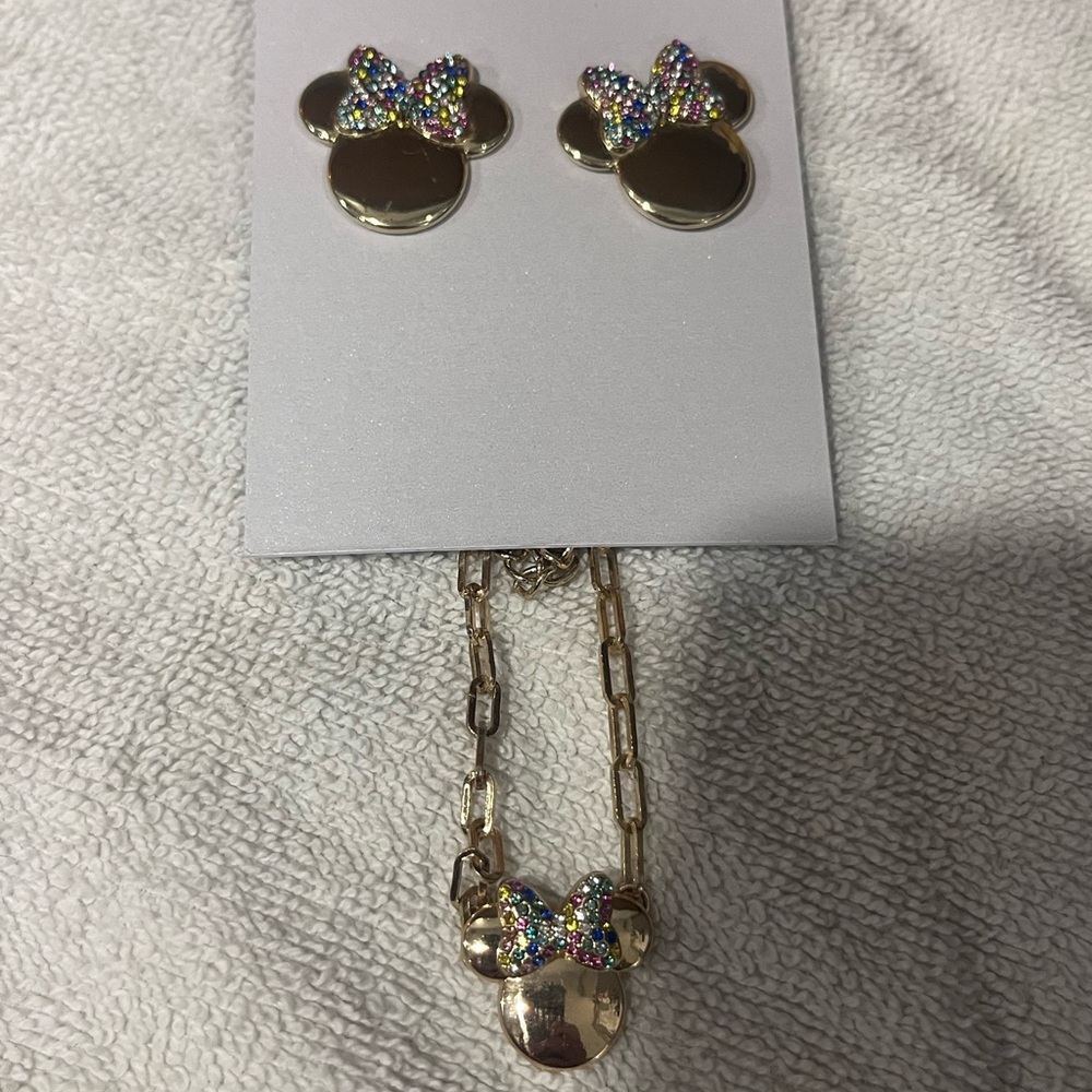 Gold Minnie Mouse Necklace and Earring Set with Multicolor Bow Baublebar